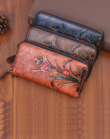 Womens Butterfly&Orchid Flower Leather Wristlet Wallets Zip Around Wallet Flower Ladies Zipper Clutch Wallet for Women