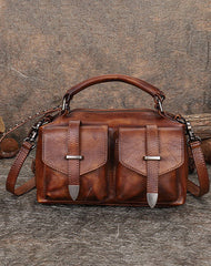 Vintage Black Gray Leather Womens Satchel Shoulder - Bill Slots Detail