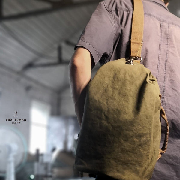Army Green Canvas Mens Sling Bag Chest - Back View