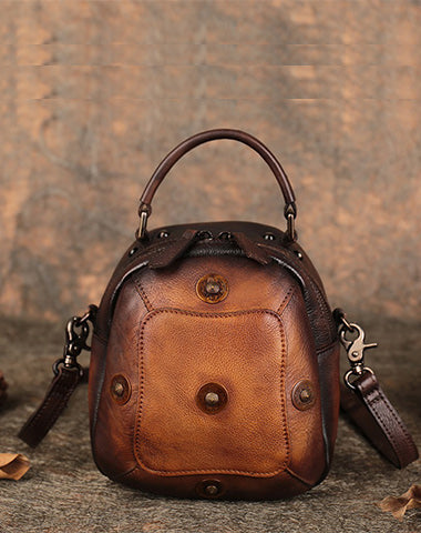 Small Brown Leather Womens Rivets Shoulder Bag Barrel Small Handmade Handbag Purse for Ladies
