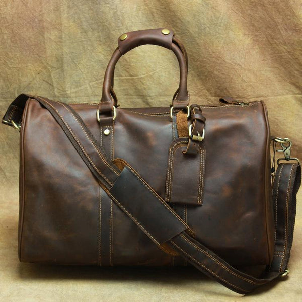 Brown Leather Men's 14 inches Overnight Bag - Back View