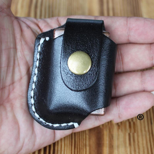 Handmade Mens Black Leather Standard Zippo Lighter - Back View