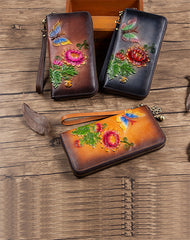 Womens Butterfly&Mums Flower Tan Leather Wristlet Wallets Zip Around Wallet Flower Ladies Zipper Clutch Wallet for Women