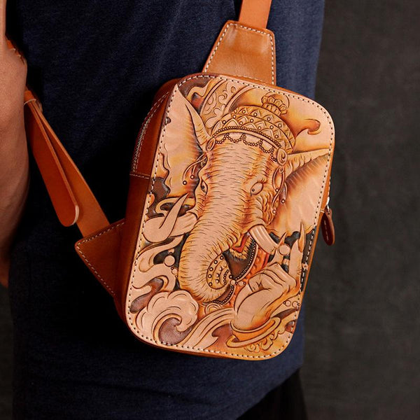 Handmade Beige Ganesha Tooled Leather Sling Bag - Back View