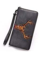 Vintage Reindeer Brown Leather Wristlet Wallets Womens - Side View