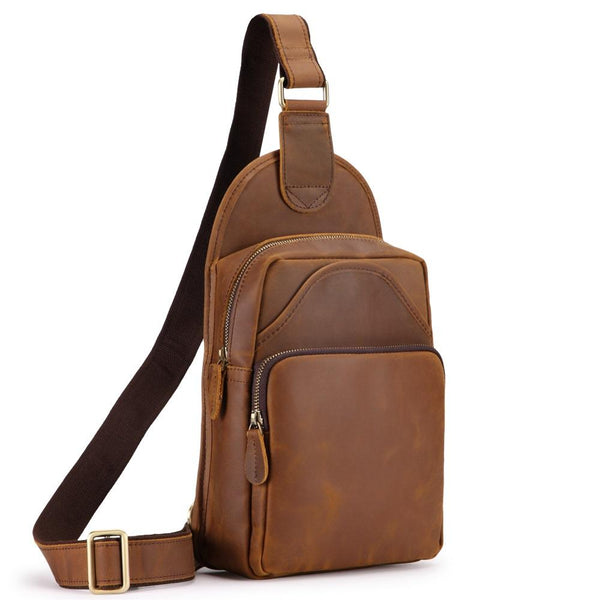 Vintage Brown Leather Men's Sling Bag Chest - Back View