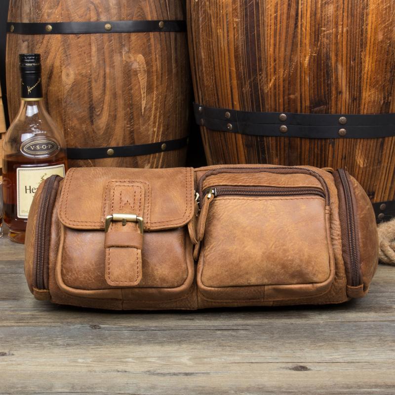 Brown Leather Barrel Fanny Pack Mens 8 inches Waist Bag Hip Pack Belt Bags Bumbags for Men