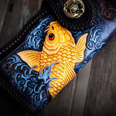 Handmade Leather Carp Tooled Long Mens Chain Biker Wallets Cool Leather Wallet With Chain Wallets for Men