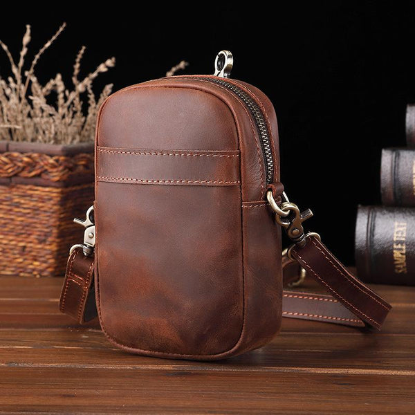 Casual Brown Leather Belt Pouch Mini Messenger - Back View