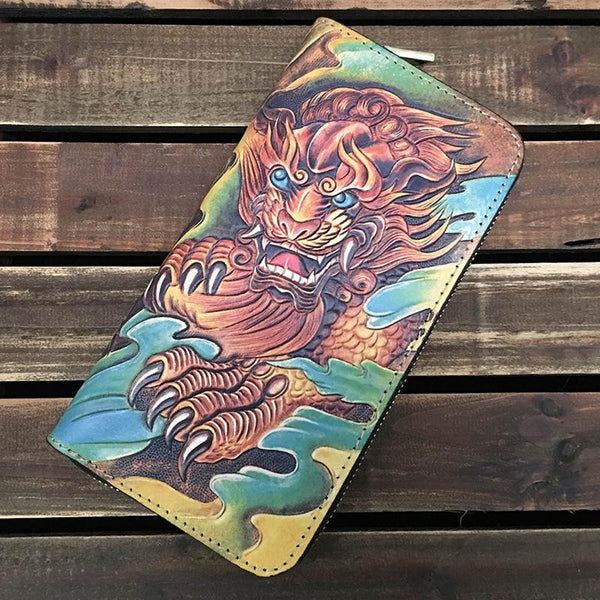 Black Handmade Tooled Tang Lion Leather Long - Back View
