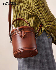 Leather Womens Bucket Handbag Barrel Shoulder Bag Crossbody Purse for Ladies