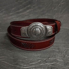 Fashion Red Brown Leather Metal Belt Motorcycle Belt Leather Biker Circle Belt For Men