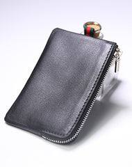 Slim Women Beige Leather Zip Wallet with Keychains Billfold Minimalist Coin Wallet Small Zip Change Wallet For Women