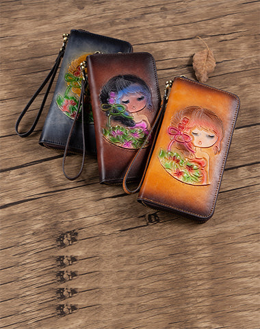 Womens Leather Zip Around Wallets Singing Girl Wristlet Wallets Flower Ladies Zipper Clutch Wallet for Women