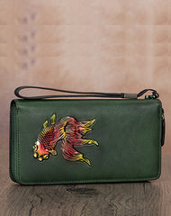Goldfish Green Leather Wristlet Wallets Womens Zip Around Wallet Ladies Zipper Clutch Wallets for Women