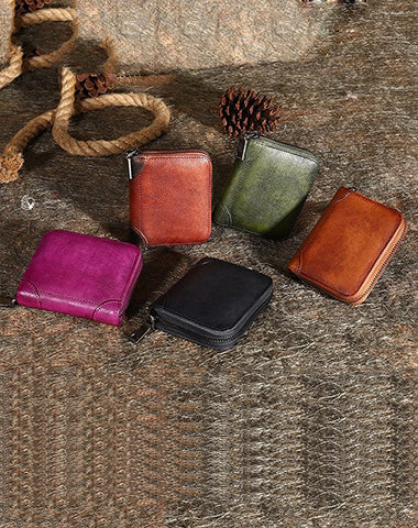 Vintage Women Tan Leather Small Wallet Zip Around Bifold Billfold Wallet with Co WW01481056