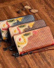 Handmade Flowers Leather Wristlet Wallet Womens Floral Zip Around Wallets Flowers Ladies Zipper Clutch Wallet for Women