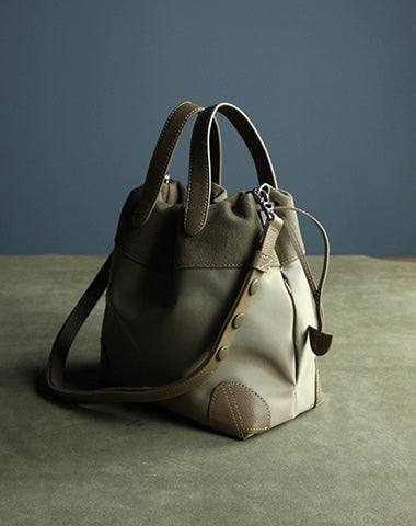 Small Womens Coffee Nylon Leather Bucket Handbag Purse Nylon Leather Barrel Shou NB02591043