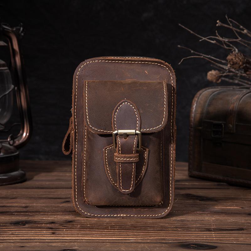 Brown LEATHER MEN'S Phone Holster Small Belt Pouch Mini Waist Bag Vertical Phone Holster FOR MEN