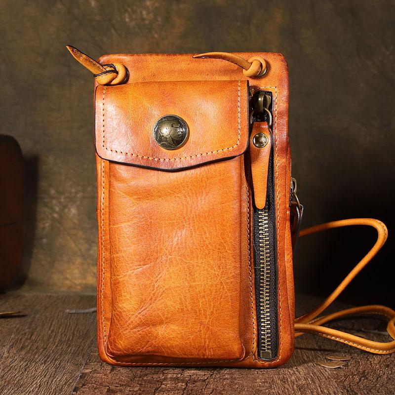 Handmade Leather Mens Brown MIni Messenger Bag Side Bag Courier Bag Postman Phone Bag for men