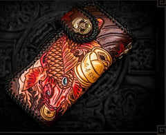 Handmade Leather Tooled Carp Mens Biker Chain Wallet Cool Leather Wallet Long Chain Wallets for Men