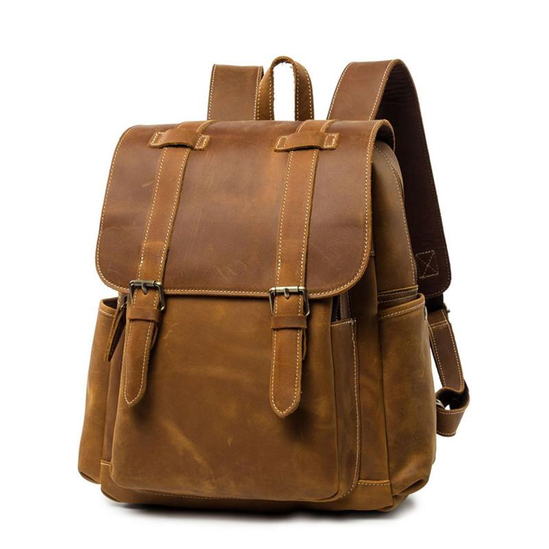 Cool Brown Mens Leather Dark Brown 14" Backpack Travel Backpack College Backpack for Men