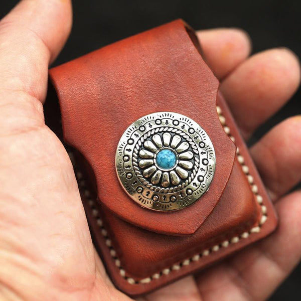 Cool Light Brown Leather Mens Zippo Lighter - Back View