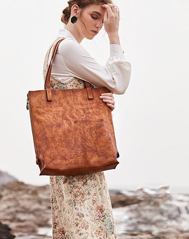 Best Brown Leather Womens Vertical Totes Handbag Handmade Vintage Tote Shoulder Purse for Ladies