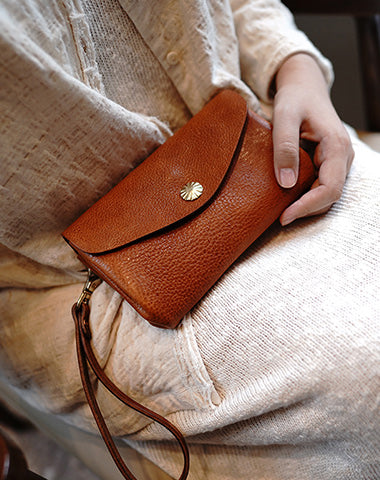 Handmade Tan Leather Wristlet Wallet Envelope Clutch Wallet