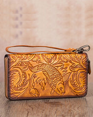 Floral Carp Gray Leather Wristlet Wallets Womens Zip Around Wallet Floral Ladies Zipper Clutch Wallets for Women