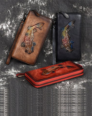Womens Carp Red Leather Zip Around Wallet Wristlet Wallet Carp Ladies Zipper Clutch Wallet for Women