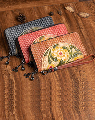 Vintage Floral Red Leather Wristlet Wallet Womens Flower Zip Around Wallets Floral Ladies Zipper Clutch Wallets for Women