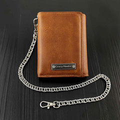 Cool  LEATHER MENS TRIFOLD SMALL BIKER WALLETS BROWN CHAIN WALLET WALLET WITH CHAINS FOR MEN