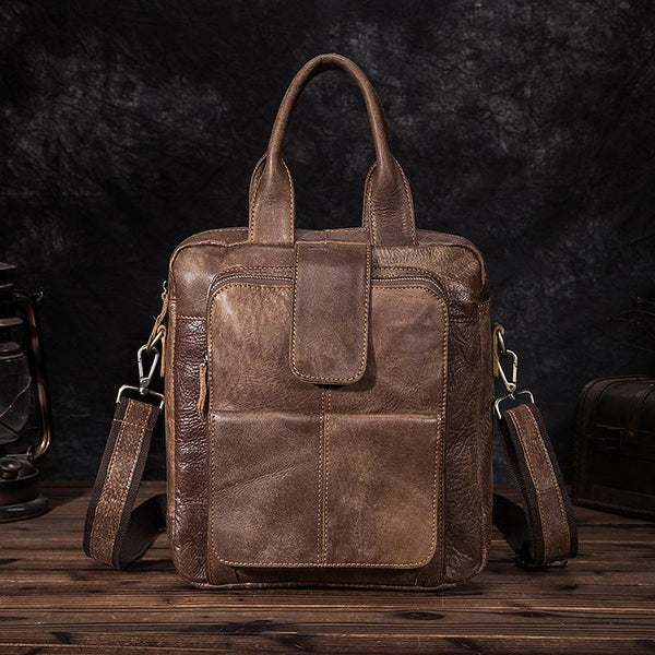 Brown Leather Mens Vertical Briefcase Work Bag - Back View