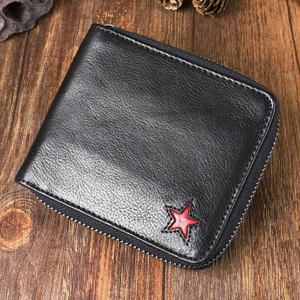 Cool Leather Mens Black Zipper Small billfold Wallet Leather Wallet Bifold billf DM01481030