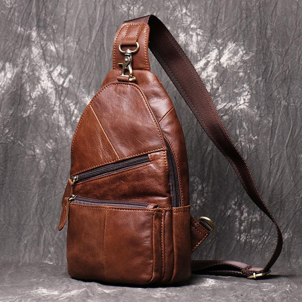 Brown Leather Backpack Men's Sling Bag Chest - Back View