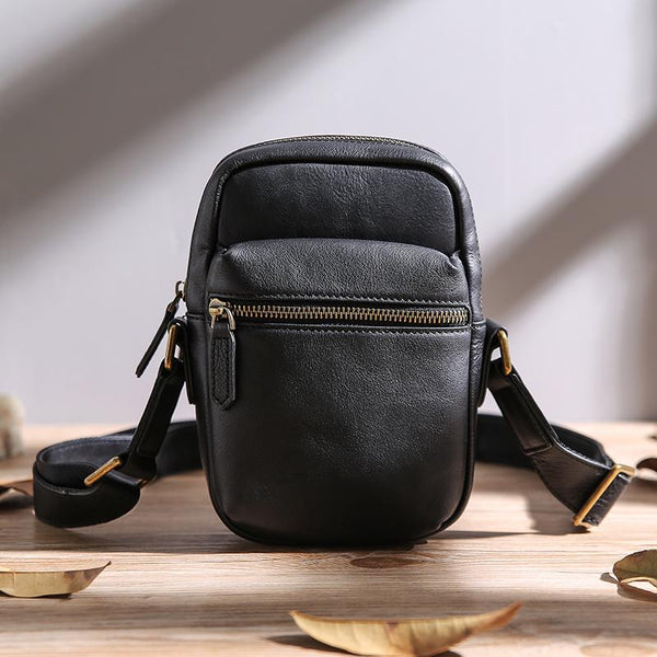 Black Leather MENS Small Vertical Side Bag - Back View