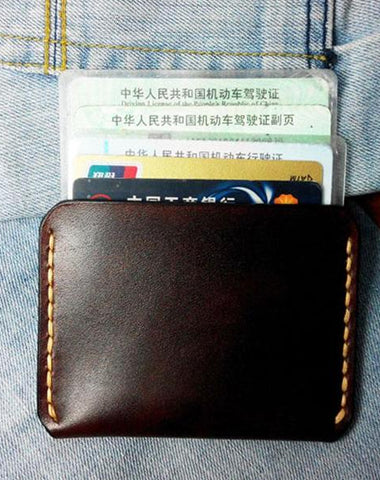 Dark Brown Leather Mens Slim Front Pocket Wallets Leather Cards Wallet for Men