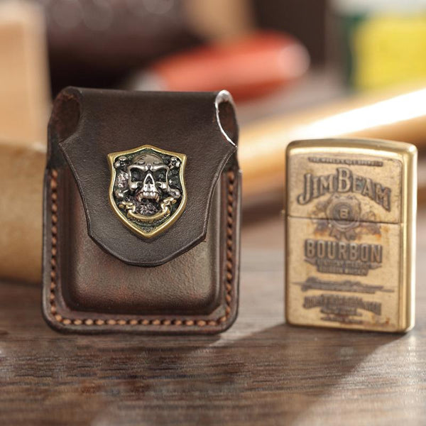 Dark Brown Handmade Leather Mens Armor Zippo - Back View