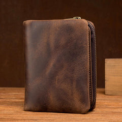 Brown Cool Leather Mens Trifold Small Wallet billfold Wallet Bifold Pocket Small Wallet for Men