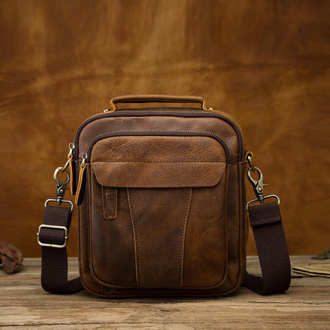 Vintage Brown Leather Mens Small Vertical Messenger Bag Side Bag Courier Bag Handbag For Men