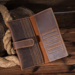 Vintage Brown Leather Men's Bifold Long Wallet Slim Multi Cards Long Wallet For Men