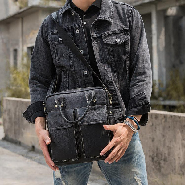 Black Casual Leather Mens 10 inches Vertical - Back View