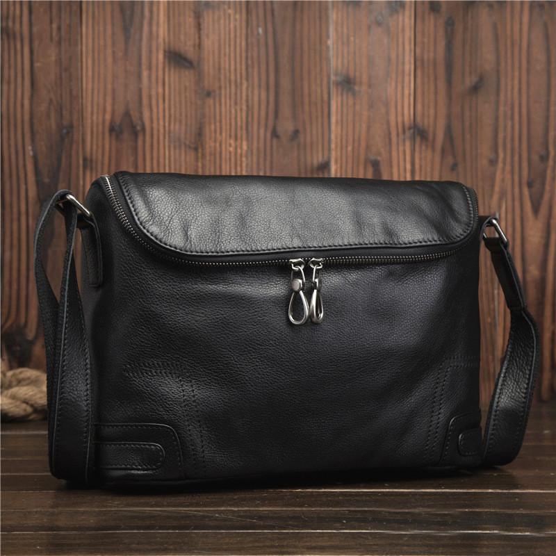 Cool Black Leather Men's Messenger Bag Black Side Bag Courier Bag For Men