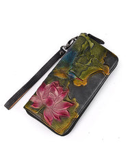 Womens Lotus Flower&Hummingbird Brown Leather Zip Around Wallet Wristlet Wallet Flower Ladies Zipper Clutch Wallet for Women