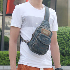 Jean Vintage Blue Messenger Bag Chest Bag Jean Blue One Shoulder Backpack For Men
