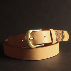 Cool Handmade Yellow Brown Skull Tooled Leather Mens Belt Carved Leather Belt for Men