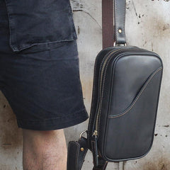 Genuine Black Leather Mens Cool Sling Pack Chest Bag Sling Bag Crossbody Pack for men