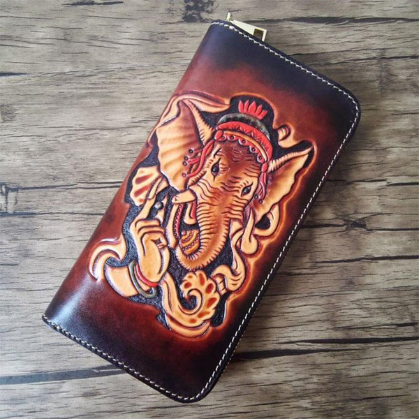 Brown Handmade Ganesha Leather Long Wallet Zipper - Back View