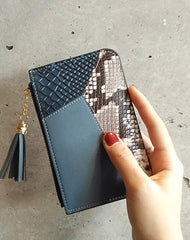 Cute Womens Patchwork Blue Leather Card Wallets with Keychain Zip Card Holder Wallet for Women
